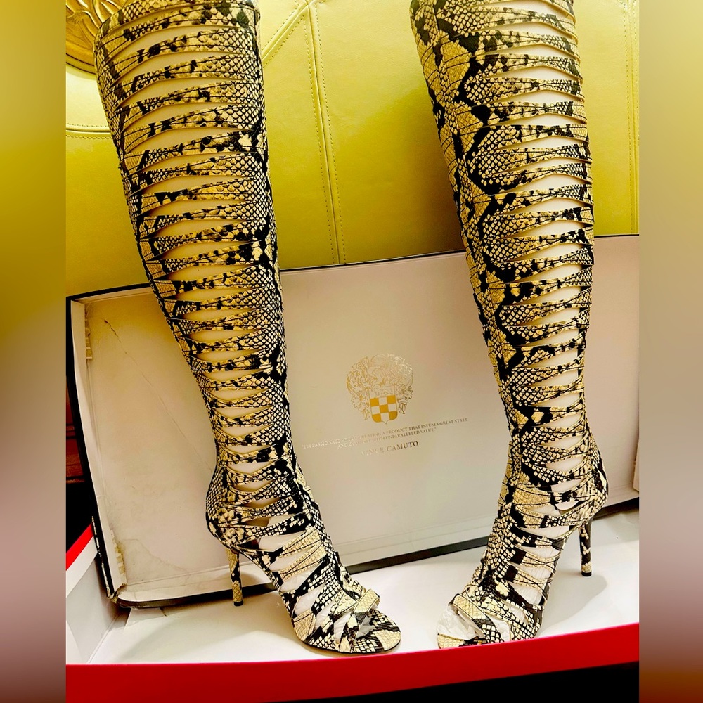 Vince Camuto Snake Chaendra Over Knee Cut Out Stiletto Sandals Heels